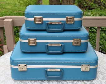 Vintage Blue Suitcase Set, 3 PC,  Mid Century Luggage, Storage Decor Photo Prop