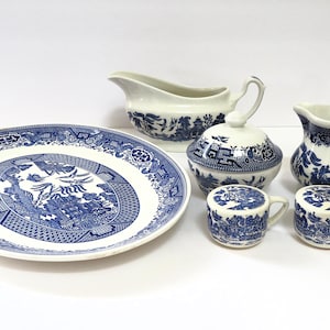 Vintage Blue Willow China Set: Platter, Gravy Boat, Creamer, Sugar, S&P - England