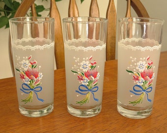 3 vintage juice glasses, KSA 6 fl.oz. frosted glasses, breakfast glasses, with flower bunches on 2 sides, drinking glasses, drinkware