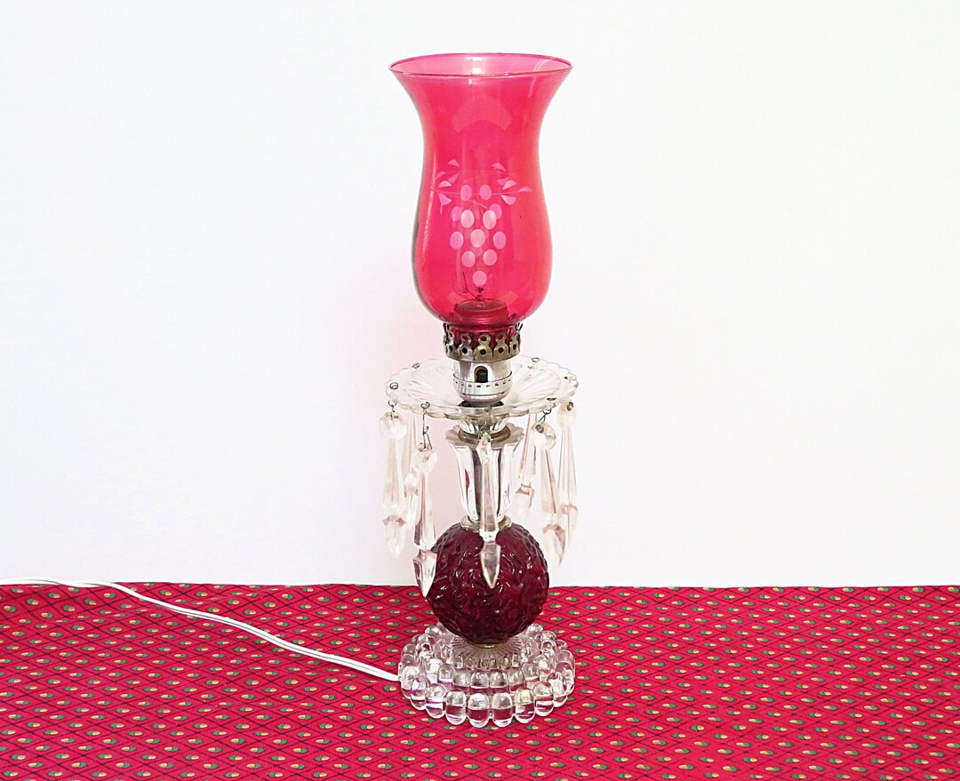 Vintage Ruby Glass Bedroom Lamp With Prisms Red Boudoir Lamp Etsy