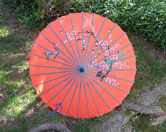 Vintage Japanese sun umbrella, Wagasa, bamboo ribs aqua color, orange fabric, painted peach blossom & birds, parasol, photo prop, home decor