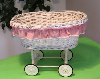 Vintage Wicker baby doll bassinet, portable, made in West Germany, white stroller, playing with dolls, home decor, vintage toy, child's room