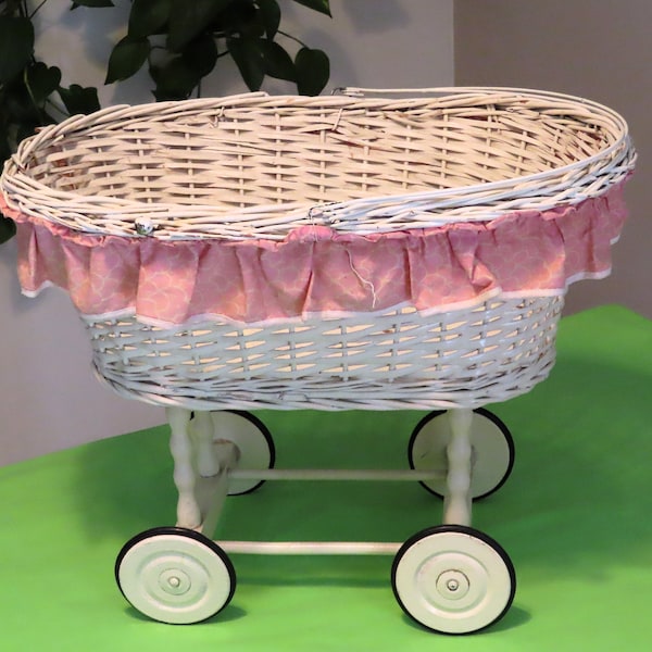 Vintage Wicker baby doll bassinet, portable, made in West Germany, white stroller, playing with dolls, home decor, vintage toy, child's room