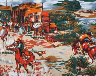 Alexander Henry Western fabric, before dating/naming, 27 inches L, 43 inches W, Cowboys Broncos Western Town, NOS unused, last piece