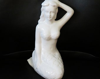 Sitting Mermaid statue, white ceramic, hollow inside, 13 inches tall home decor, fabled mythical sea creature, mermaid decor, mermaids