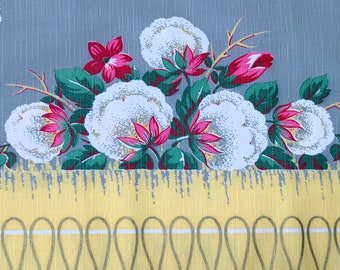 Vintage mattress ticking fabric, feather bed cover ticking, marked Sealy, gray yellow cotton, flowers, vintage fabric, materials, supplies