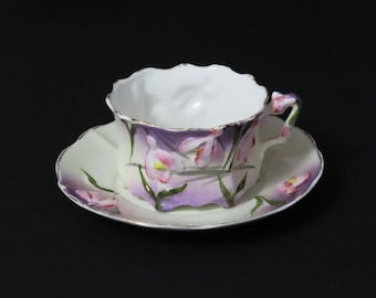 Antique cup and saucer 18th century very rare, raised pink snowdrops, French or German, fine porcelain collector, collectible cup and saucer