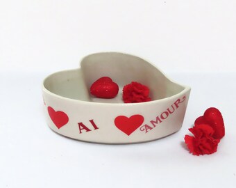 Heart shaped candy dish ceramic made in Portugal Love Amour Amor red hearts Valentine's Day decor love and romance vintage candy dishes