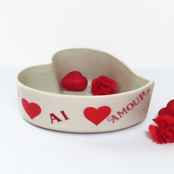 Heart shaped candy dish ceramic made in Portugal Love Amour Amor red hearts Valentine's Day decor love and romance vintage candy dishes