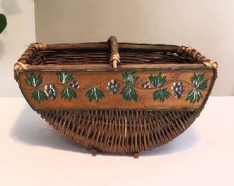 Vintage hand made wicker basket with grape motif on front, gathering basket, decorative basket, home decor, home accents, baskets, storage