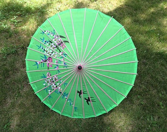 Vintage Japanese sun umbrella, Wagasa, pink bamboo ribs, green fabric, painted flower  blossoms & birds, parasol, photo prop, home decor