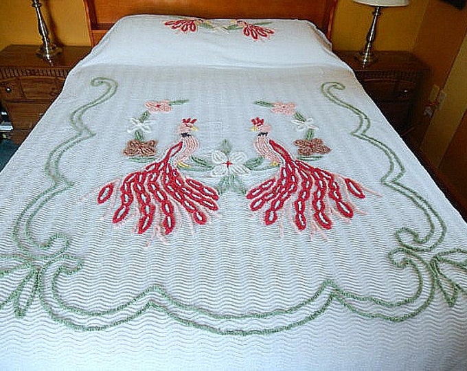 Vintage Peacock Chenille Bedspread, 108 X 90, Vintage Bedding, Double