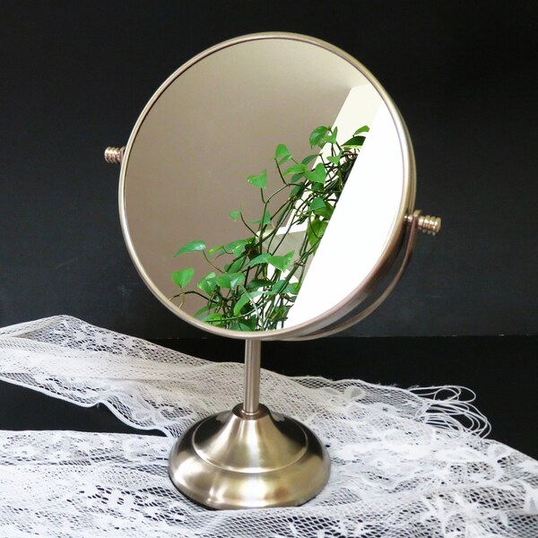 Vintage 2-sided vanity mirror, swivel make-up mirror, brushed silver metal, tabletop mirror, home decor, mirrors, 11" tall