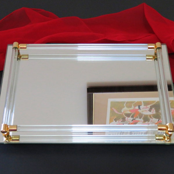 Vintage flat Vanity Mirror, rectangular 11" x 7.5", in original Avon box, unused, glass rails, gold tone metal, v. good condition, mirrors