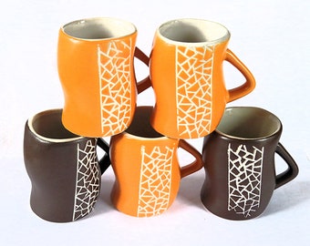 stoneware espresso cups, set of 5, yellow & chocolate brown, mosaic pattern on front and back, handmade, artisan espresso cups, vintage cups