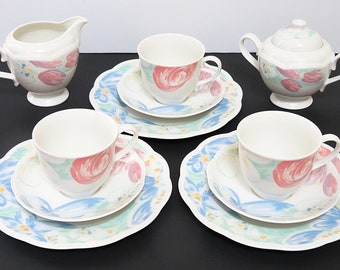 Vintage Johnson Brothers tea set, 3 cups 3 saucers 3 dessert plates, sugar & creamer, rare pink / blue abstract pattern, tea sets, tea for 3
