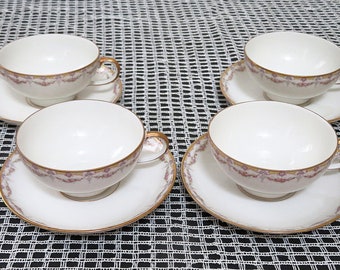 Wm Guerin Limoges France for Gimbel Bros 4 tea cups & saucers pink flower swags fine porcelain made in France