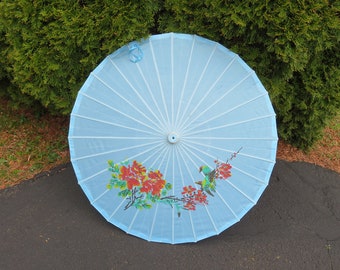 Vintage Japanese sun umbrella, Wagasa, bamboo ribs, Robin's egg blue, painted birds red blossoms & flowers, parasol, photo prop, home decor