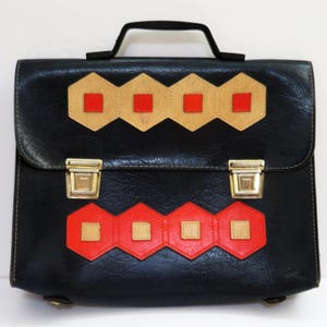 Vintage MUNARI leather schoolbag, book bag, backpack, dark blue, geometric motif patchwork
