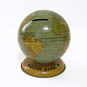 Vintage Globe Bank, J. Chein Co., c. 1940s, coin bank, miniature world globe, lithographed tin globe, collectible still bank, desk decor