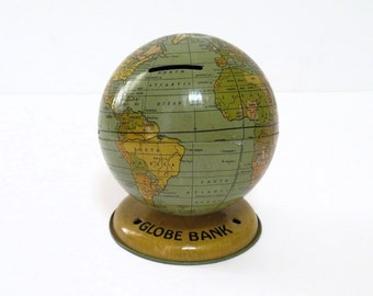 Vintage Globe Bank, J. Chein Co., c. 1940s, coin bank, miniature world globe, lithographed tin globe, collectible still bank, desk decor