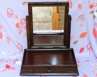 Vintage dressing table wooden cabinet with tilting 12" mirror and one drawer, 1950s, hand crafted, jewelry storage, mirrors, table top