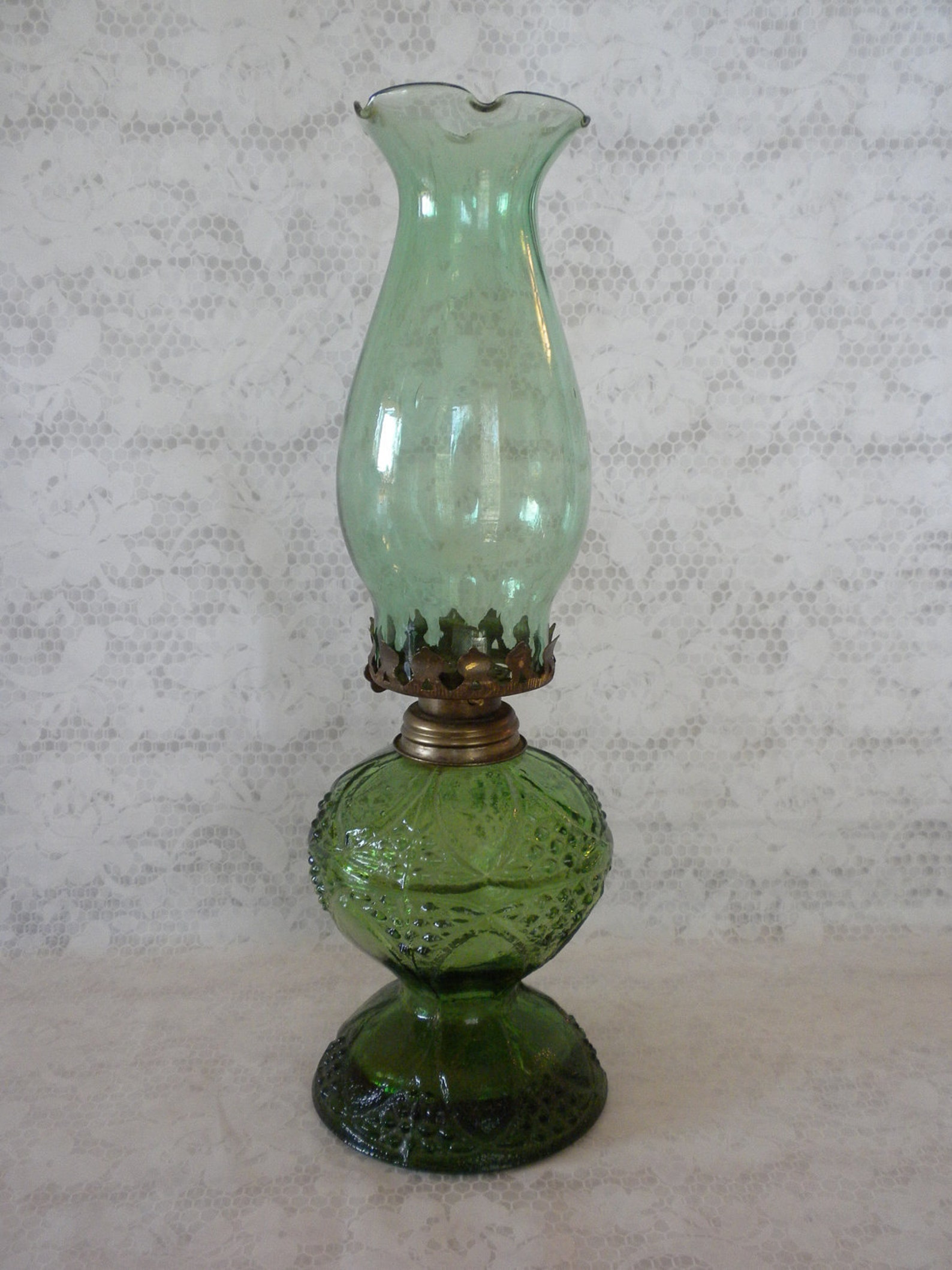 Vintage oil lamp olive green textured glass original Etsy