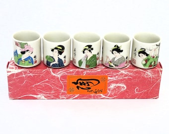 vintage Japanese sake cups, 5 piece set, geishas, unused, original box, sake drinking cups, drinkware barware, gift item, made in Japan