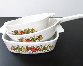 3 Corning Ware dishes, Spice of Life, vintage cookware, P-83-B 6.5 inch, A-1-B 1 quart, P-43-B 700ml, no lids, petite casserole dishes/pan