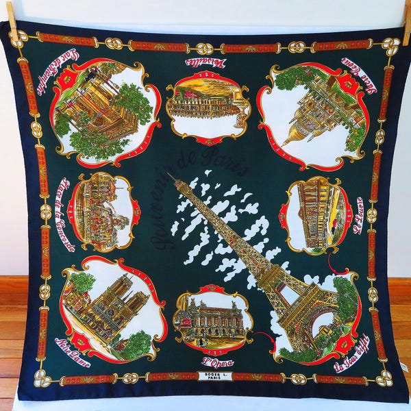 Vintage Paris Landmark Scarf, Mid-Century Polyester Neckwear, Purse Decor