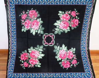 Vintage black floral scarf, pink roses, large scarf, 100% cotton, vintage/unused, 36" x 34", ladies accessory, scarves, accessories