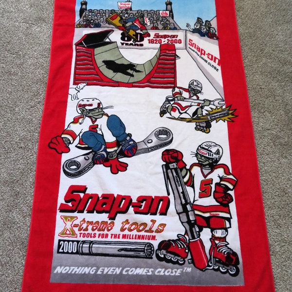 Vintage Snap-on Tools Towel 80th Anniversary 1920-2000, Swingster Sports X-treme tools, Beach Towel, 63" x 33", 100% cotton, soft, colorful