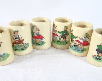 Set of 6 miniature beer mugs, vintage breweriana, Western Germany,  2" high, musicians and dancers, decorative, beer steins, collectibles