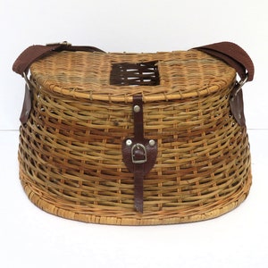 Vintage Creel Basket, Wicker Fishing Basket, Leather Straps