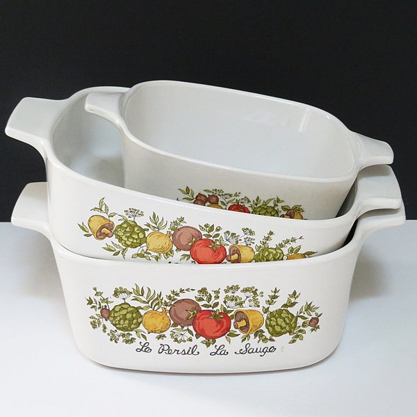 3 Corning Ware dishes 1.1/2 QT, 1 QT, 700 ML, Spice of Life, vintage cookware, A-1.1/2-B, A-1-B, P-43-B, no lids, petite casserole dishes