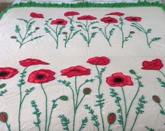 Vintage throw embroidered poppies, crewel work, handmade,  70" L -  55" W,  poppy red poppies, green foliage, floral throw, blanket & throws