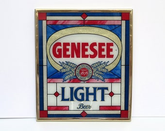 Vintage Genesee Light Beer Sign, 1970s  Signs & Glassworks CA metal frame wall hanging bar sign breweriana man cave collectible beer signs