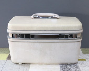 Vintage Samsonite Silhouette Train Case, Off-White Marbled Retro Luggage