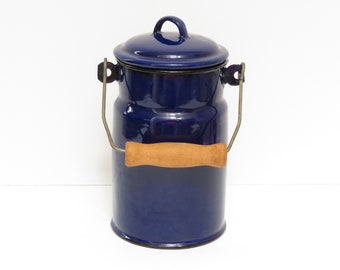 Cobalt blue enamel milk pail with lid, 8 inches, cobalt blue milk can, made in Poland, trendy kitchen decor, French kitchen, country kitchen
