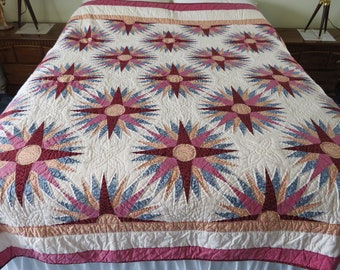 Vintage light-weight bedspread 82" L x 80" W  twin or double, cotton, star pattern machine appliqued, white mauve blue, bedding, bedspreads