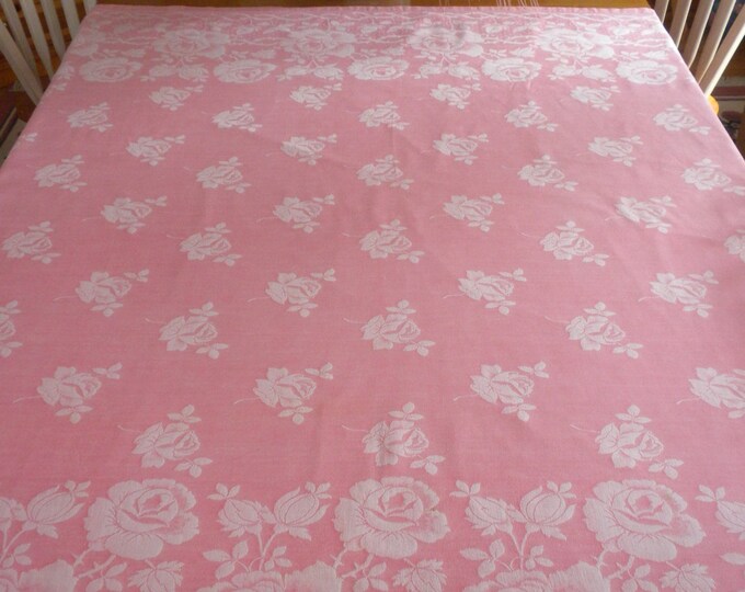 Vintage Pink Damask Tablecloth, Shabby Chic Decor, Pink With White