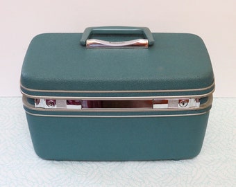 Vintage Samsonite Silhouette train case, turquoise, tray and mirror, good and clean condition, travel, luggage, train cases, make-up case