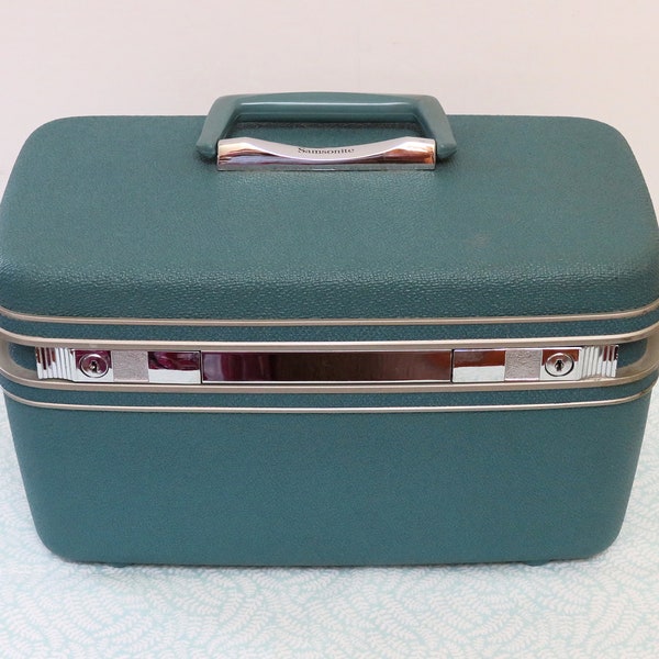 Vintage Samsonite Silhouette train case, turquoise, tray and mirror, good and clean condition, travel, luggage, train cases, make-up case