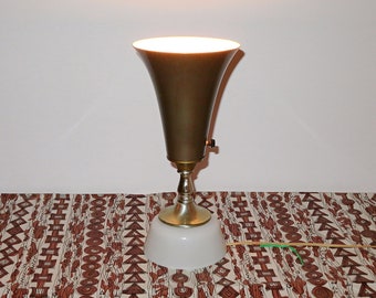 MCM table lamp, metallic brown metal shade, milk glass base, vintage lighting, retro table lamps, Home and Living, upside down bell shape
