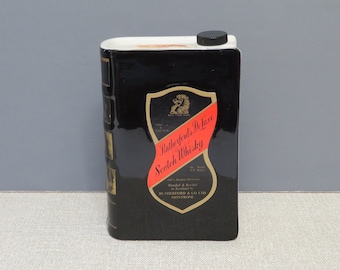 Vintage Scotch Whisky Bottle Flask, Rutherford's De Luxe, Scotland, black & white book shape collectible empty liquor bottle/flask, man cave