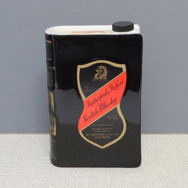 Vintage Scotch Whisky Bottle Flask, Rutherford's De Luxe, Scotland, black & white book shape collectible empty liquor bottle/flask, man cave