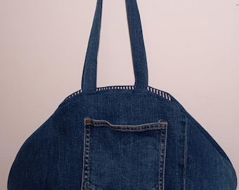 Handmade Denim Tote Bag with Pocket – Sustainable Upcycled Jeans Handbag