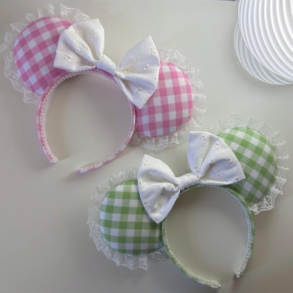 Gingham Minnie Ears: Handmade Plaid Lace Headband