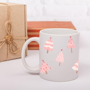 Cute Pink Christmas Tree Mug | 11oz White Coffee Cup | Perfect Holiday Gift | Cute Kitchen Decor | Xmas Tree | Pink Holiday Coffee Cup