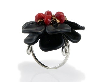 Cherries On Top Adjustable Ring, Statement Ring, Flower Ring, Black and Red Ring, Jewelry